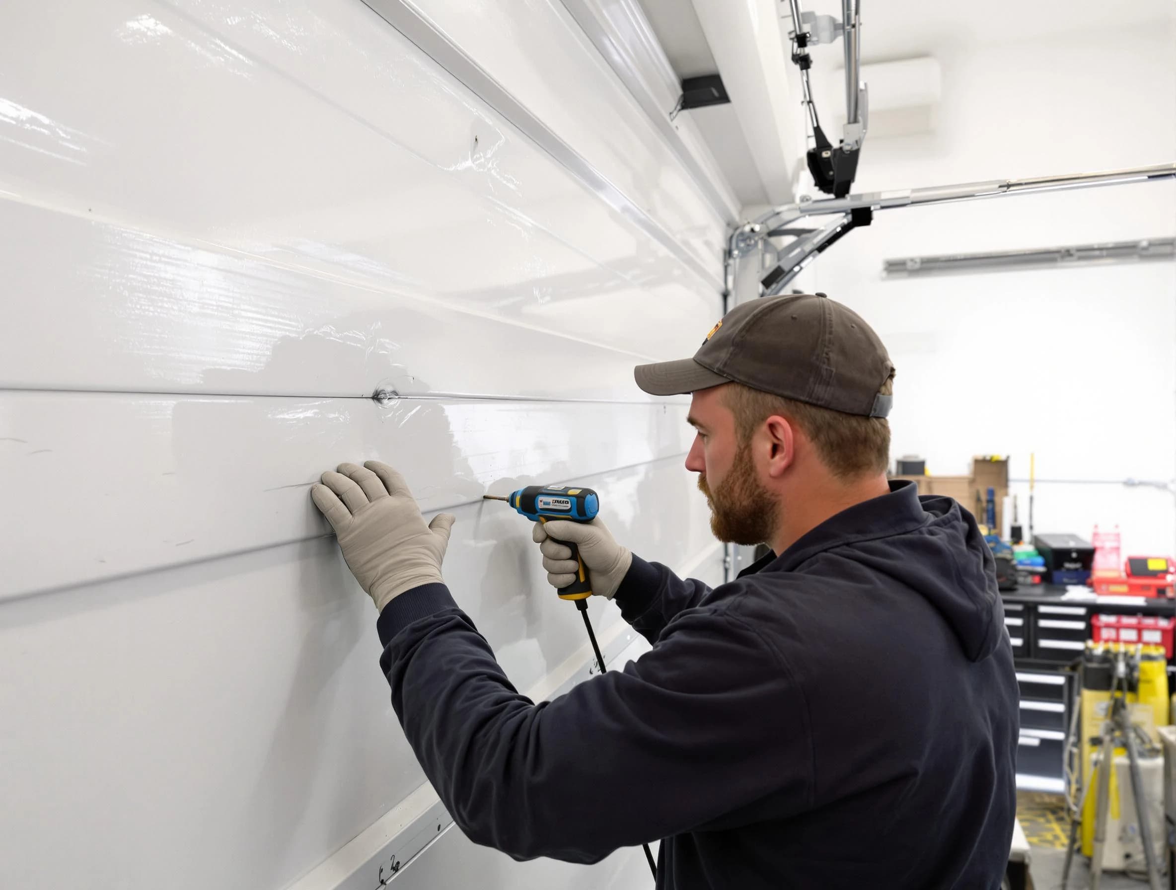 Beverly Garage Door Repair technician demonstrating precision dent removal techniques on a Beverly garage door