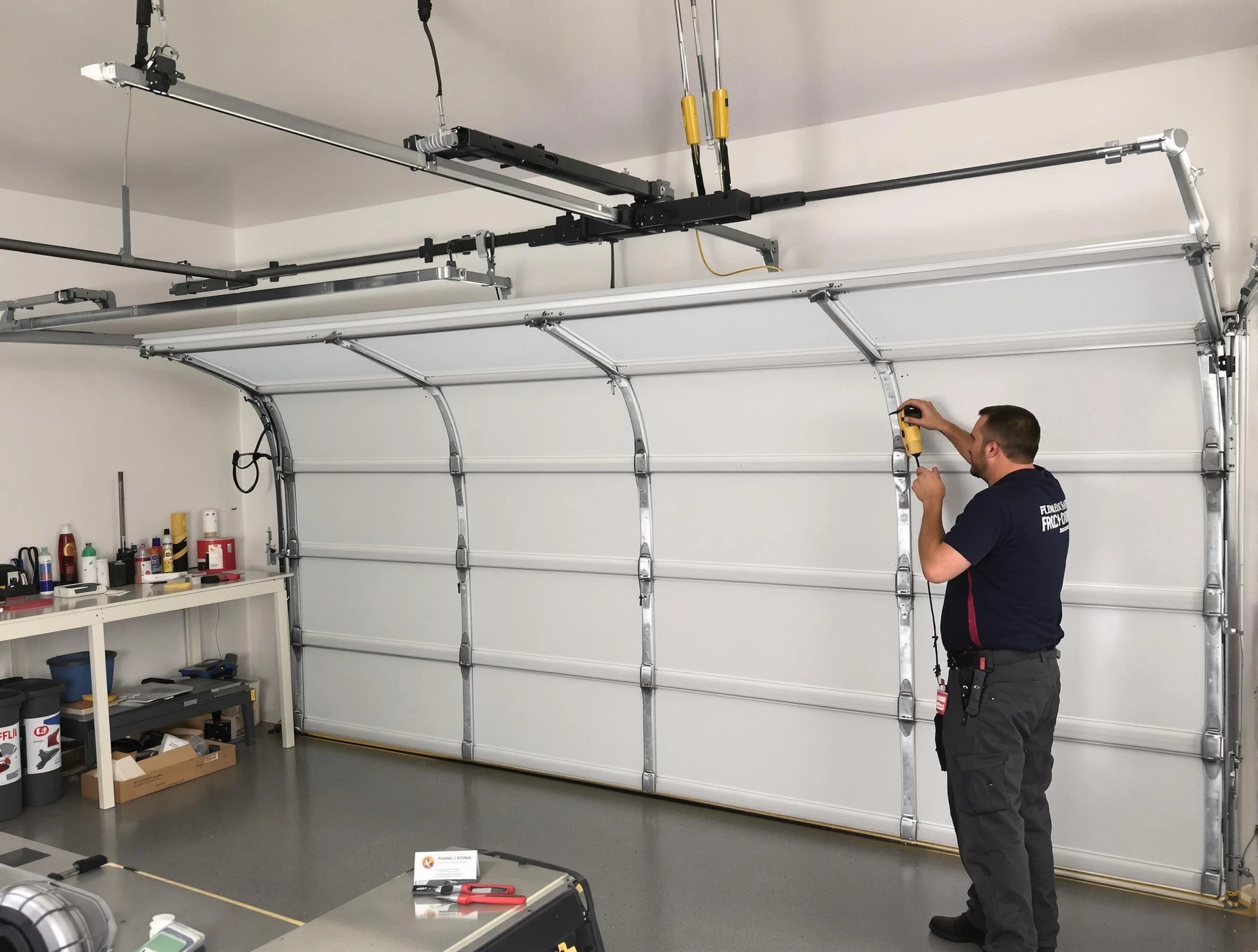 Beverly Garage Door Repair certified technician performing overhead door system repair in Beverly